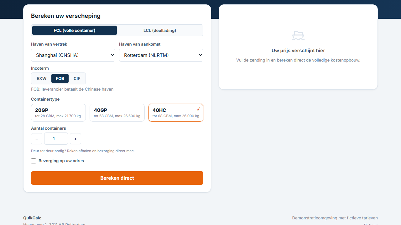 Offertetool met kostenopbouw voor zeevracht